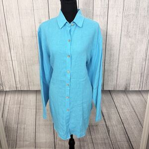 Soft Surroundings Women's Large Blue Linen Long Sleeve Button-Front Shirt